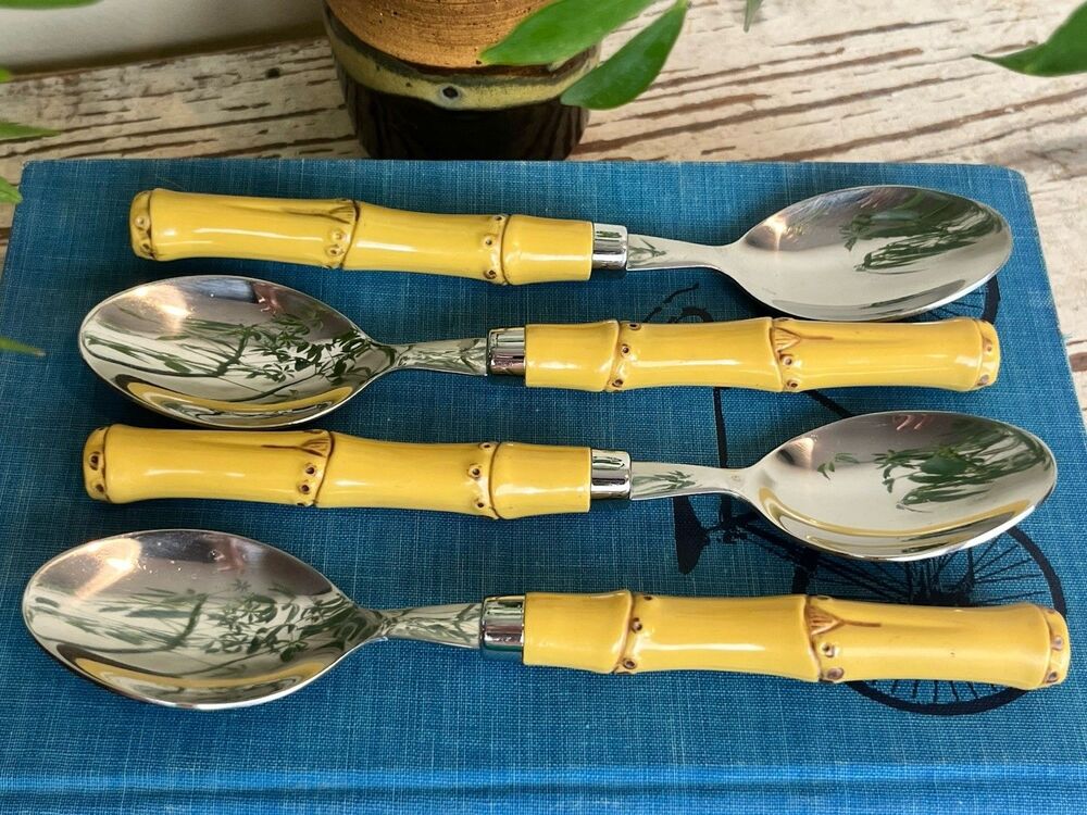 Vintage Faux Bamboo Soup Spoons (4) By Cambridge Hollywood Regency Style 7.5”